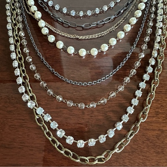 Multi-Strand Silver Necklace Mixed Materials Pearls Chains - Picture 2 of 3